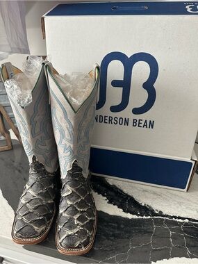 Anderson Bean Women’s Fish Scale Leather and Gray Blue Embroidered Western Boots